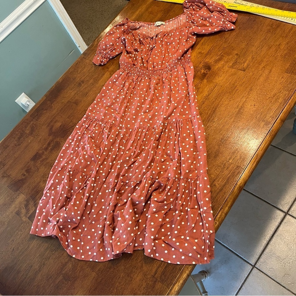 Rust Polka Dot Maxi Dress - Smocked Off-Shoulder Design